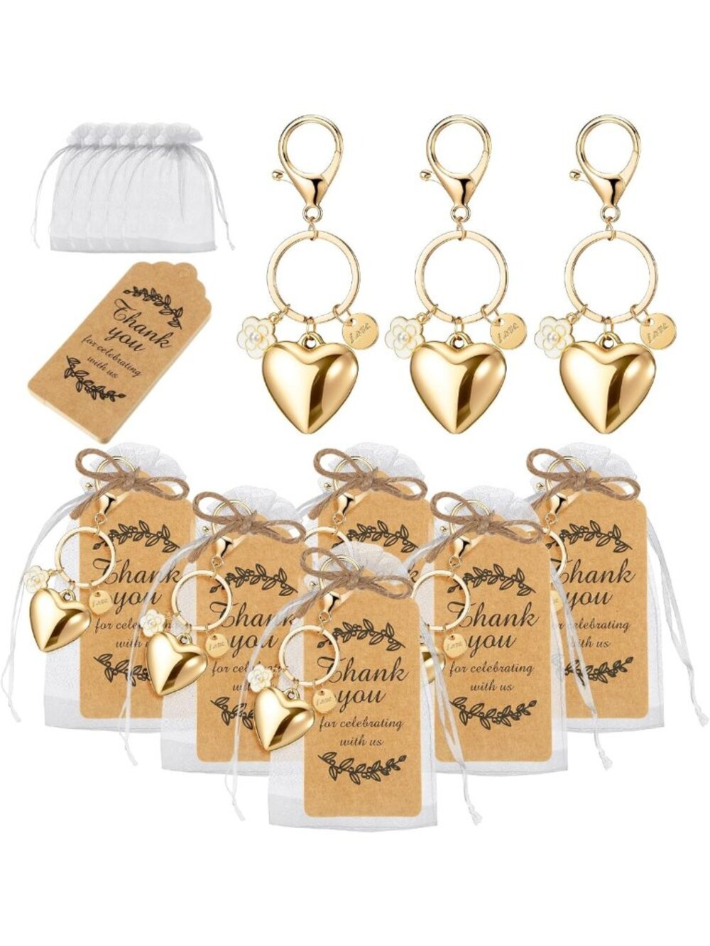 20 Heart Keychain Party Favors Set with Tags & Bags - Gold Heart Gifts